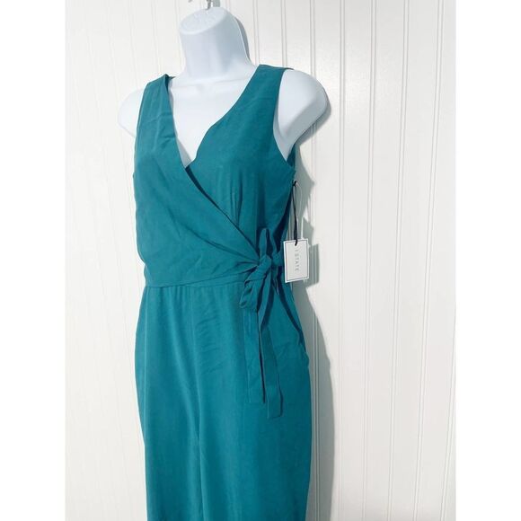 1.State Women's Twill Sleeveless V-Neck Wrap Front Jumpsuit Emerald Green Size 0 - Picture 4 of 16